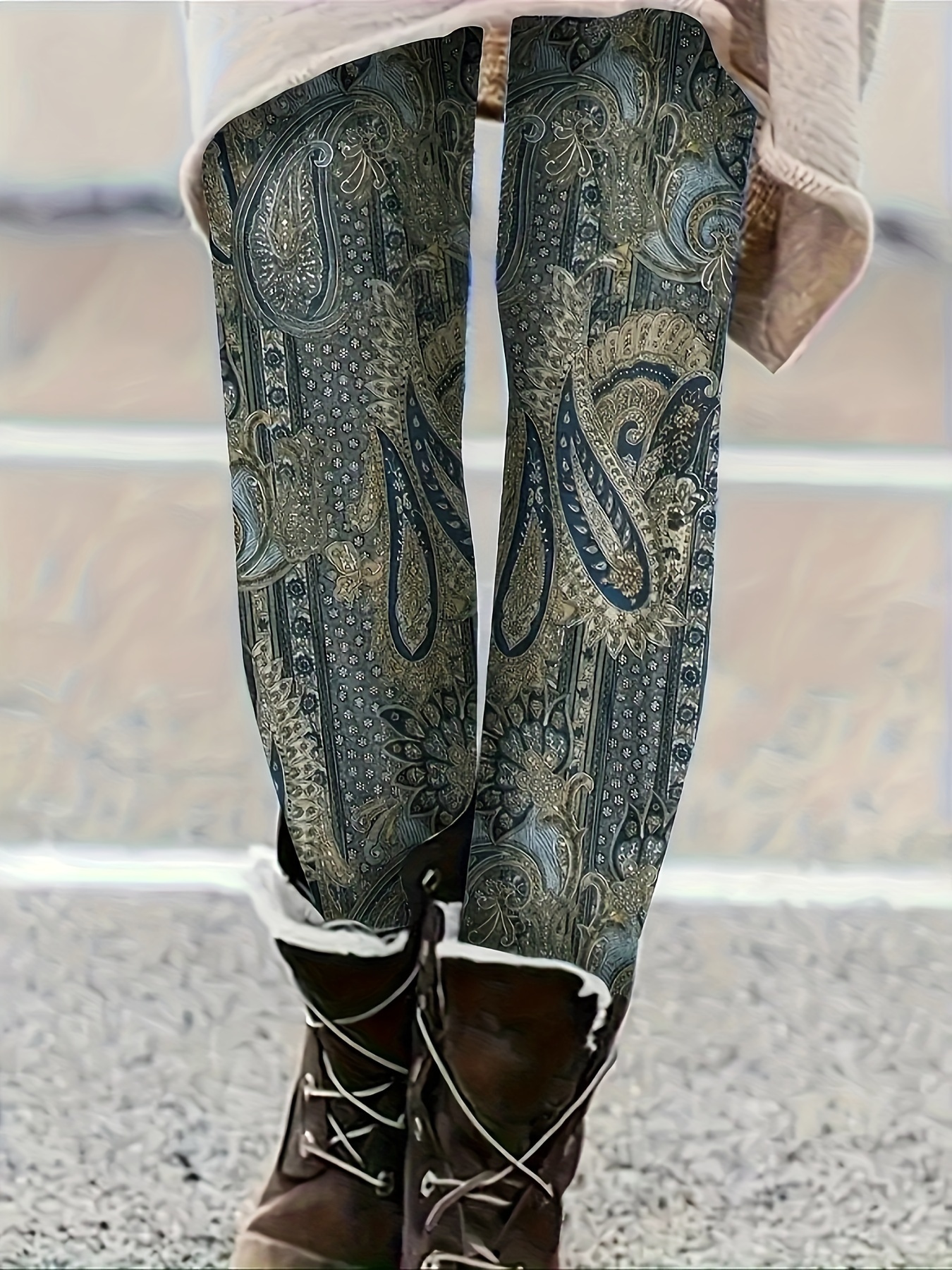 womens printed paisley tights polyester knit fabric tight Temu