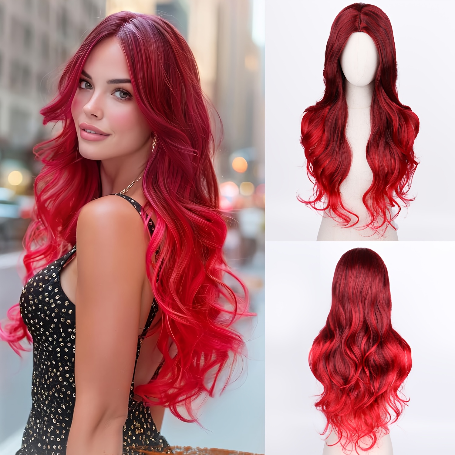 Image of Long Red Ombre Wig For Women - 32 Inch Long Wavy Dark Red Wig Synthetic Wigs Curly Dark Red Ombre Wig For Halloween Christmas Cosplay Daily Party Use