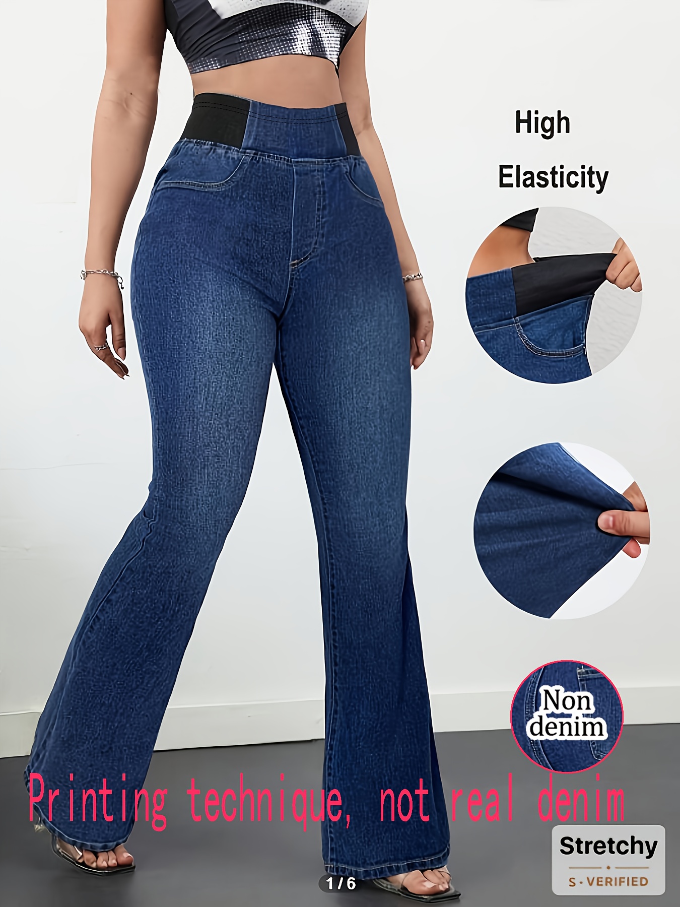 [Denim Print/Imitation Denim] Women's High-Waisted Imitation Denim Jumpsuits - Non-Stretchy Bell-Bottom Trousers with Digital Print, Machine Washable All-Season Casual to Formal Pants (Non-Denim Fabric, Comfortable Casual Attire, Belt Loops & Button Closure, Relaxed Fit, Geometric Pattern, Flared Leg Design, Adult Women's Fashion, Versatile for Jeans Look, No Wrinkles, Easy Care, Suitable for Jeans-Style Outfits) - Ideal for Jeans Look Without Denim Fabric,