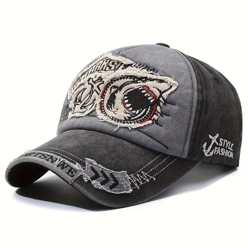 TEMU 1pc Unisex Baseball Cap For Spring And Autumn, Washed Distressed Style With Shark Embroidery Duckbill Hat, Adjustable Size,trucker Hat