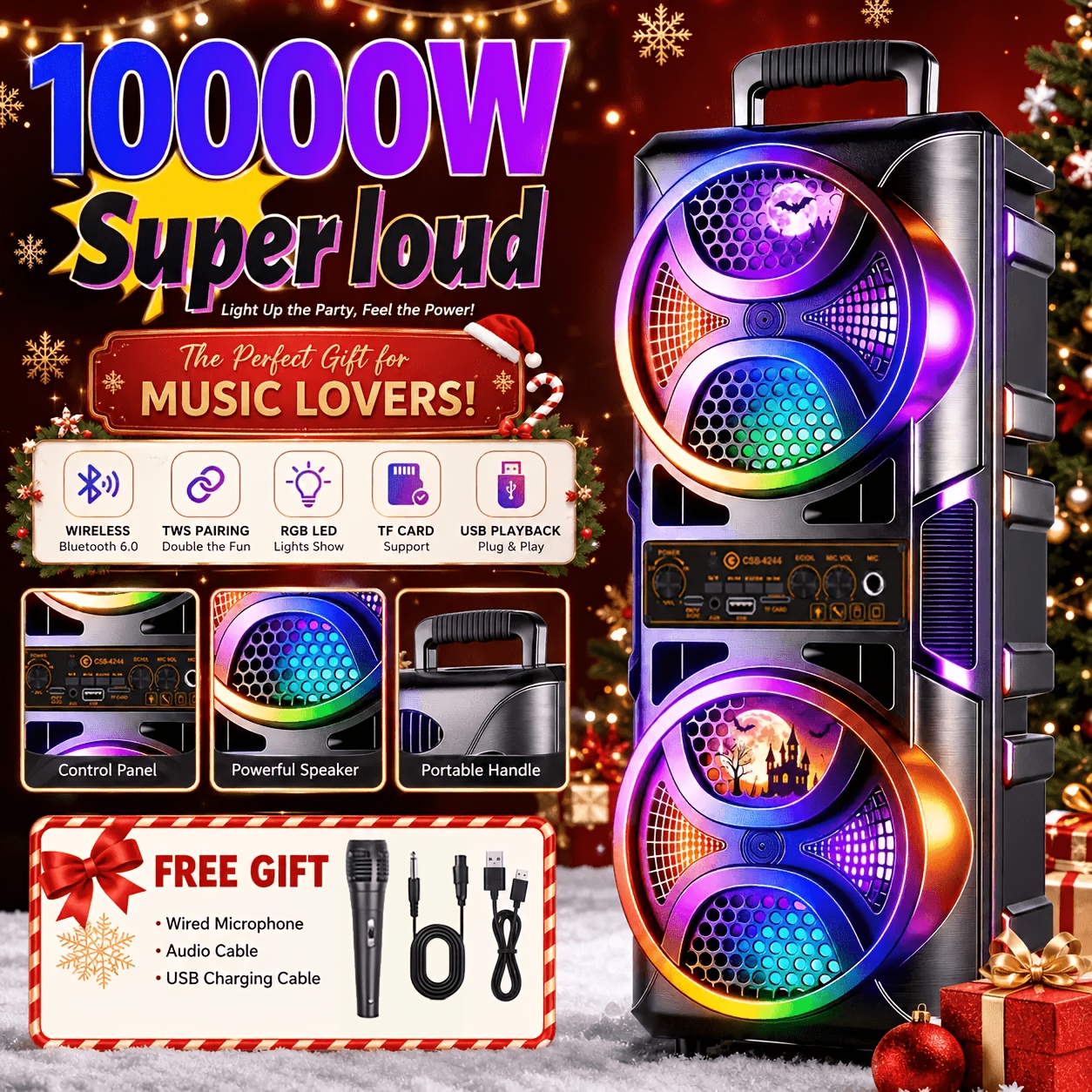 Image of 10000w Portable Wireless Speaker With Rgb Dj Lights & Dual Loudspeakers, Wireless Suitable For Parties, Tws , Fm Radio, Usb/tf Card/aux Input, Usb- For Indoor/outdoor Camping, Usb- (no Adapter)