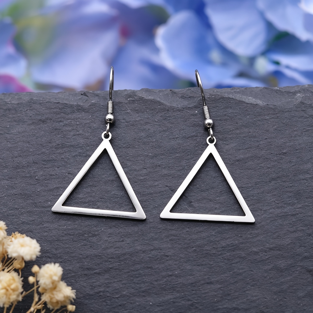 TEMU Pendientes colgantes triangulares geométricos de acero inoxidable, serie , diseño geométrico minimalista hueco, uso diario