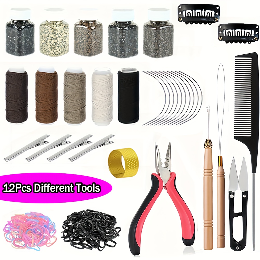 TEMU Hair Extension Tools Kit, Beads For Hair Extensions, Scissors, Removal Pliers, Pulling Hook, Threads, Needle - Metal, Etc, 12pcs Different Tools