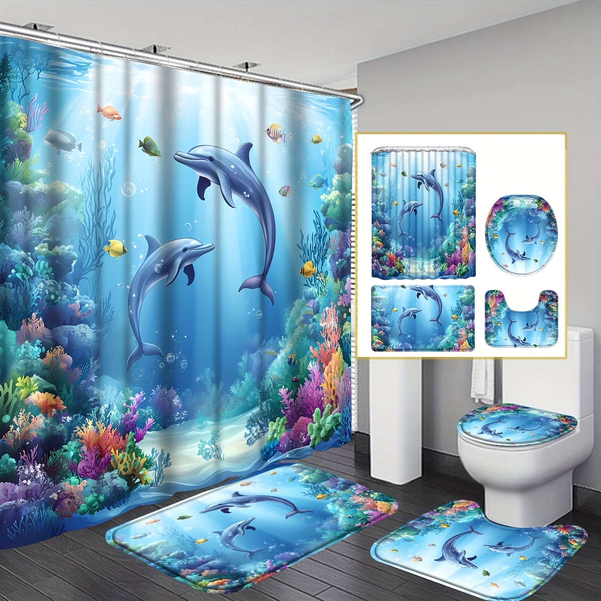 TEMU 4pcs Coral Shower Curtain Set, Blue Ocean World With Fish & Seaweed, Includes 12 Hooks, Toilet Lid Cover, Non-slip U-shaped Mat, Bathroom Rugs & Machine Washable Bathroom Accessories