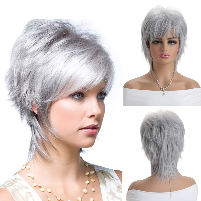 TEMU Elegant 10-inch White Short Curly Wig With Bangs For Women - Heat Resistant Synthetic Fiber, , Ideal For , Cosplay, Halloween, Parties & Weddings