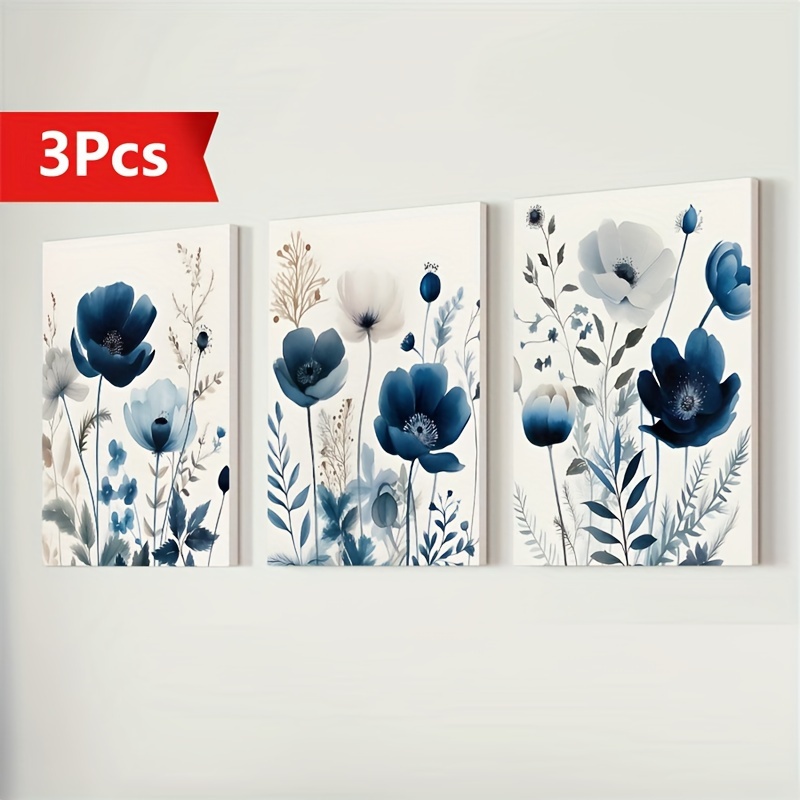TEMU 3 pièces Grandes Toiles Murales Encadrées - Aquarelles de Fleurs Bleu Marine avec Cadre en Bois Épais, Panneaux Texturés Floraux Bleu et Blanc