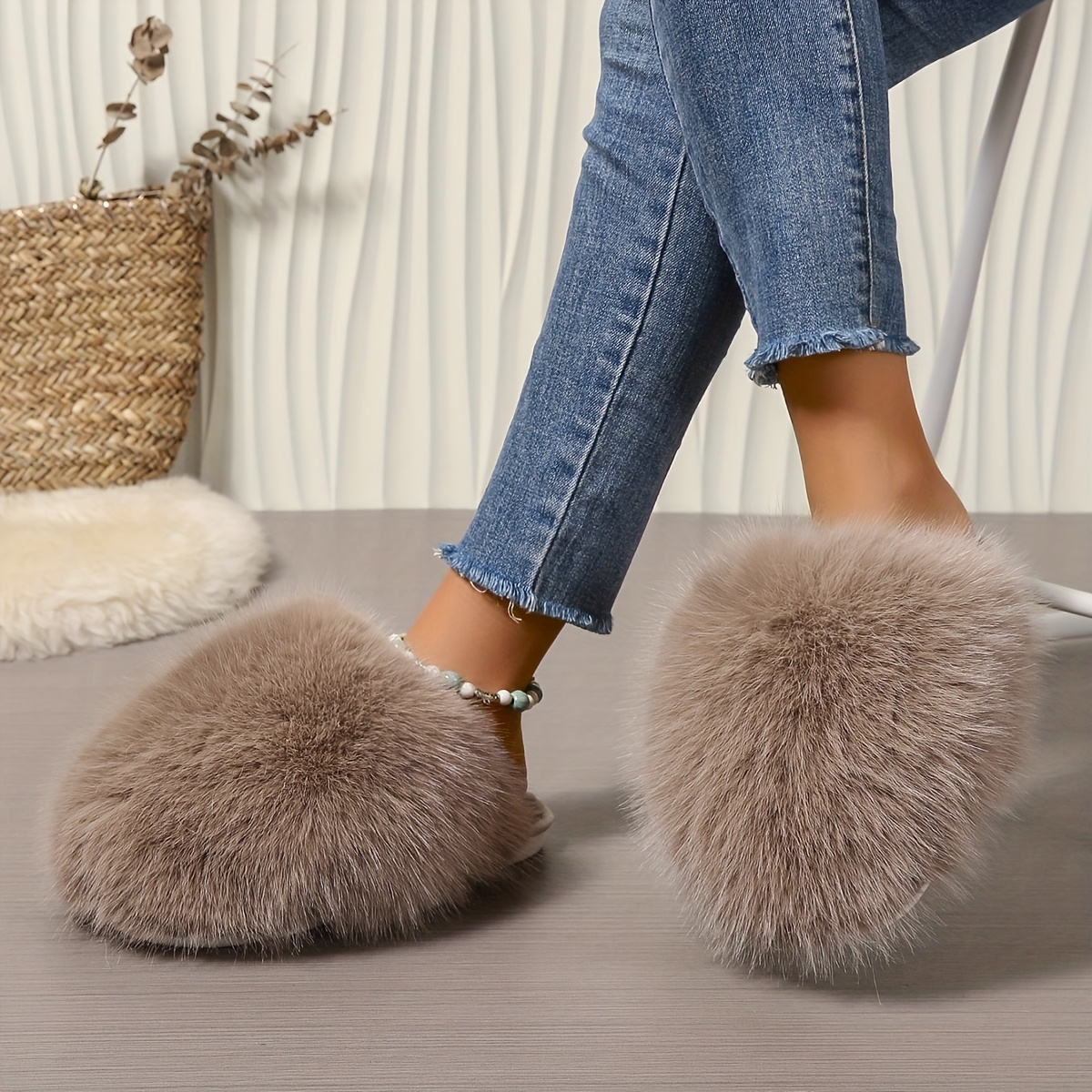 Women's Stylish Flat Furry Slippers, Women Shoes