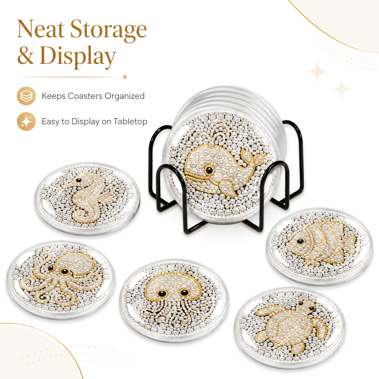 TEMU [new Arrival] 6pcs Diamond Pearl Painting Art Set With Storage Rack, Marine Seahorse Whale Turtle Etc. Patterns Pearl Mosaic Coasters, With