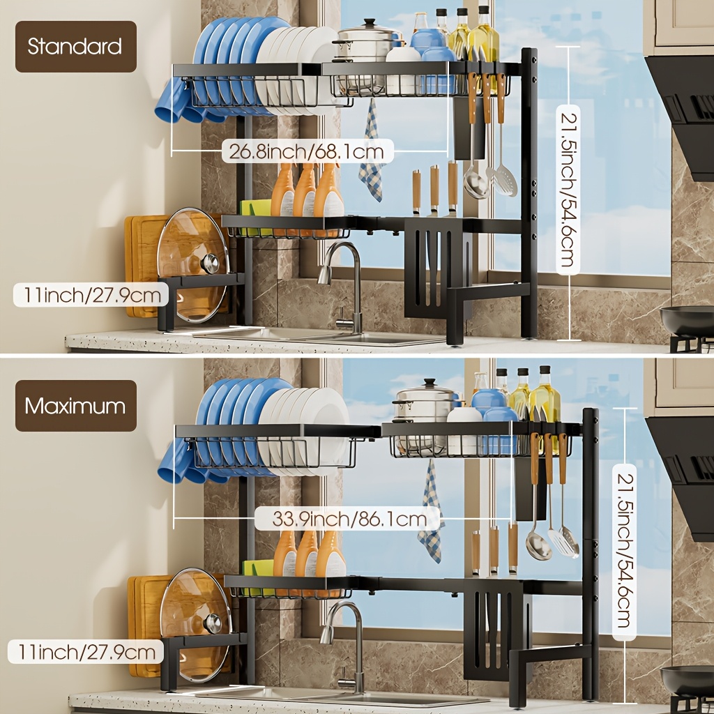 Expandable Multi-Tier Black Kitchen Organizer with Dish Rack, Drainage Tray, Spice Shelf & Towel Holder - Space-Saving Sink Storage for Dishes, Utensils | Durable Black Metal | Dustproof Design, Kitchen Accessories, Kitchen Organizers And Storage