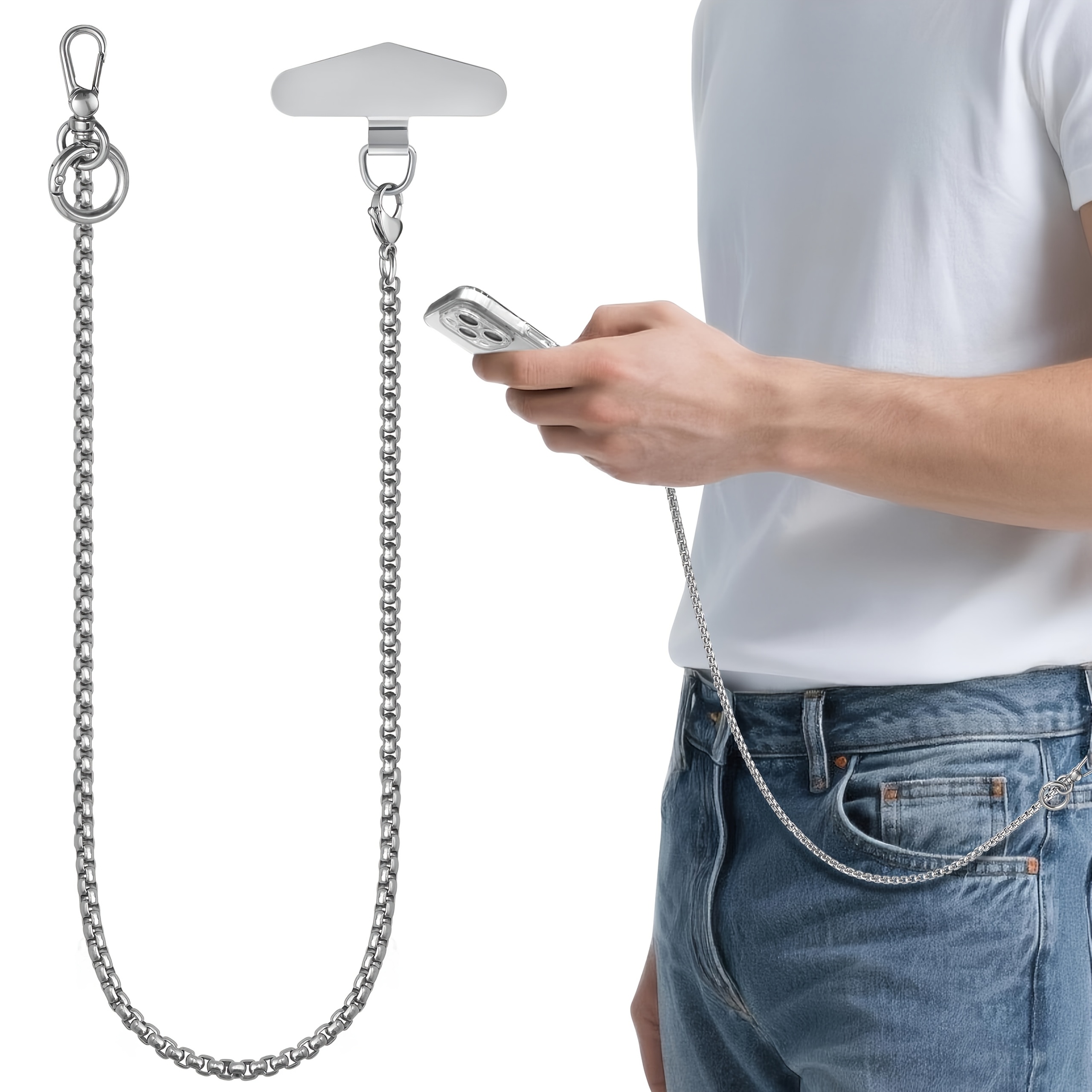 TEMU Cordon -vol pour téléphone et chaîne de pantalon, sangle de téléphone robuste avec languette d'ancrage en métal, lanière antichute amovible pour