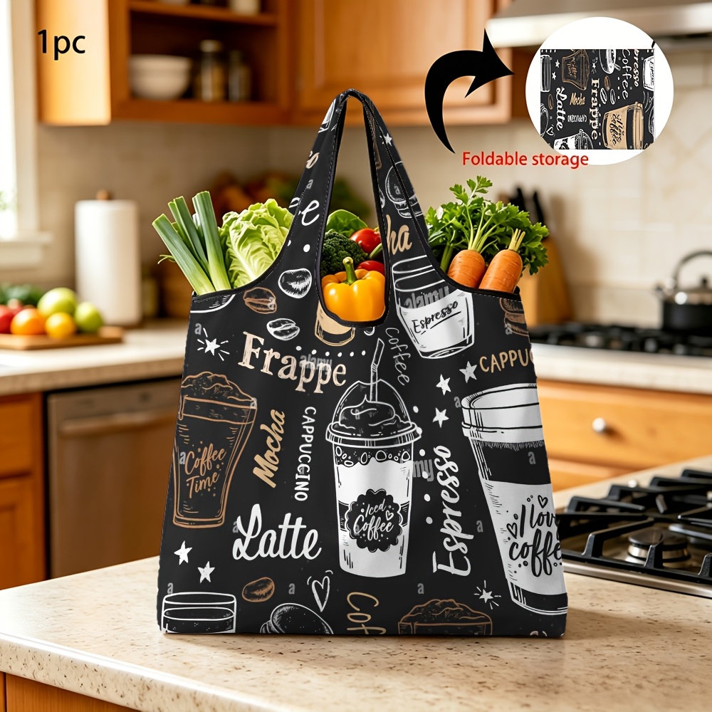 TEMU 1pc Reusable Portable Shopping Bag With Coffee Drinks Print Foldable Storage Grocery Bag For Daily Shopping