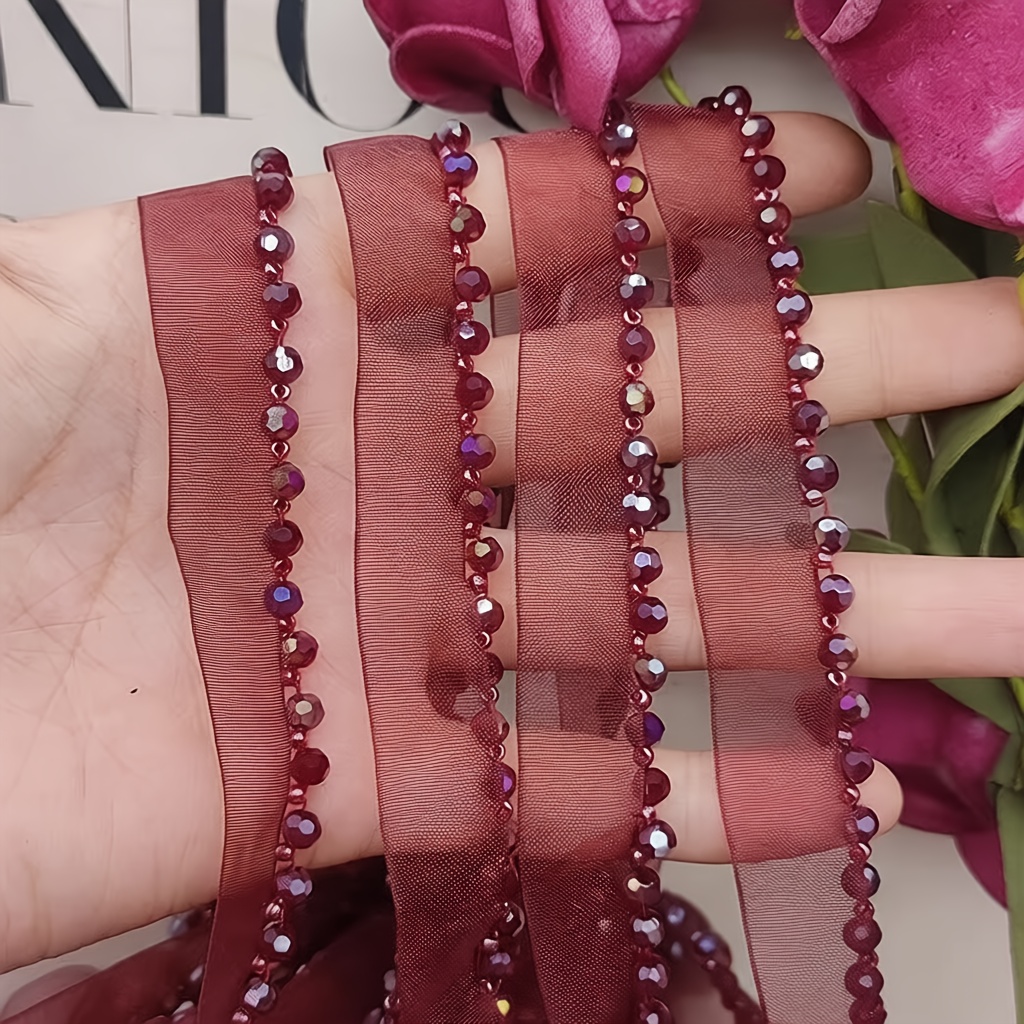 TEMU 1 Yard Handmade Crystal Beaded Organza Lace, Colorful Diy Decorative Ribbon, Suitable For Clothing, Bags, Hats, And Accessory Decoration,