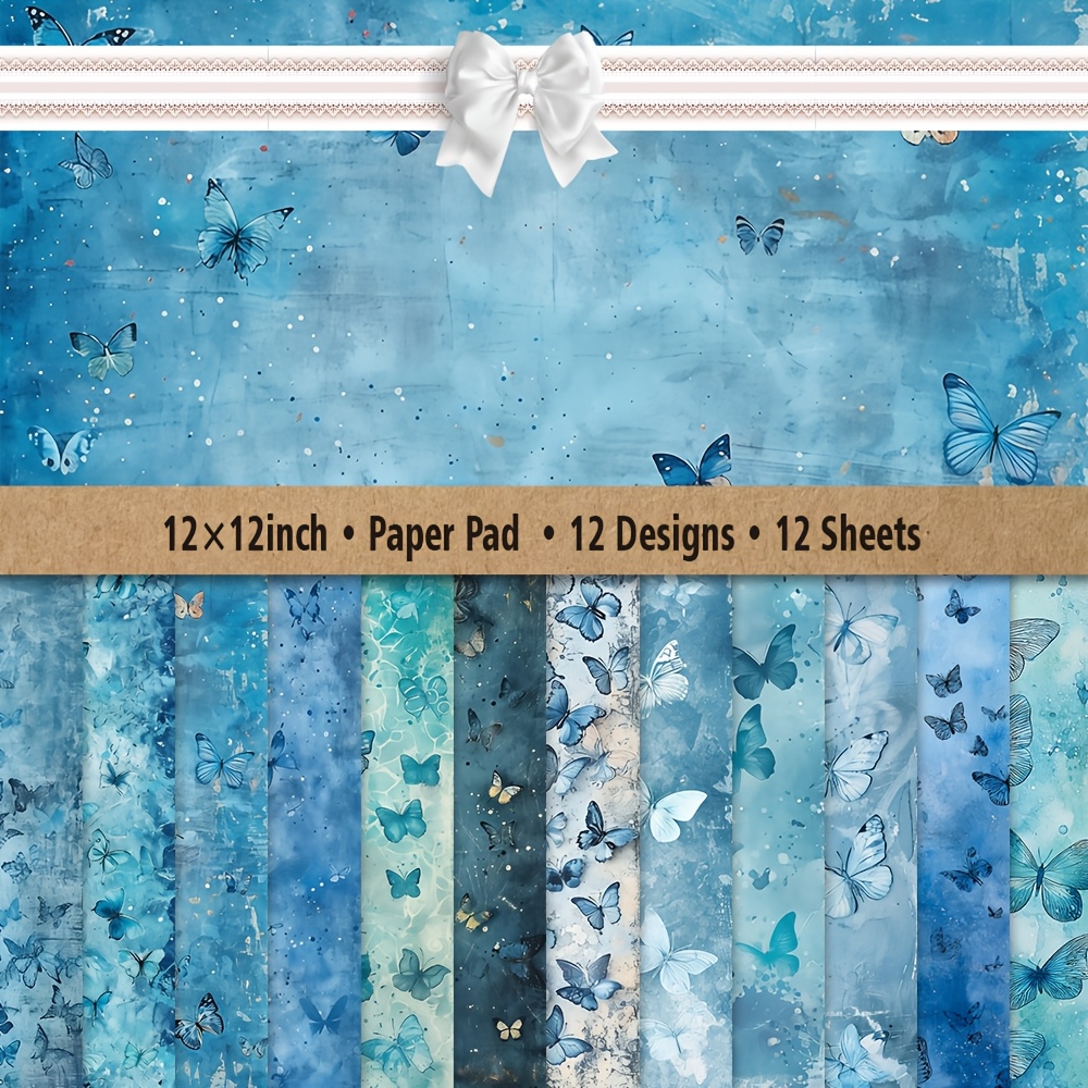 TEMU 12x12 Inch Scrapbook Paper Pad - 12 Sheets With 12 Unique Blue Designs | Double-sided Acid-free Suitable For Scrapbooking, Card Making, Diy