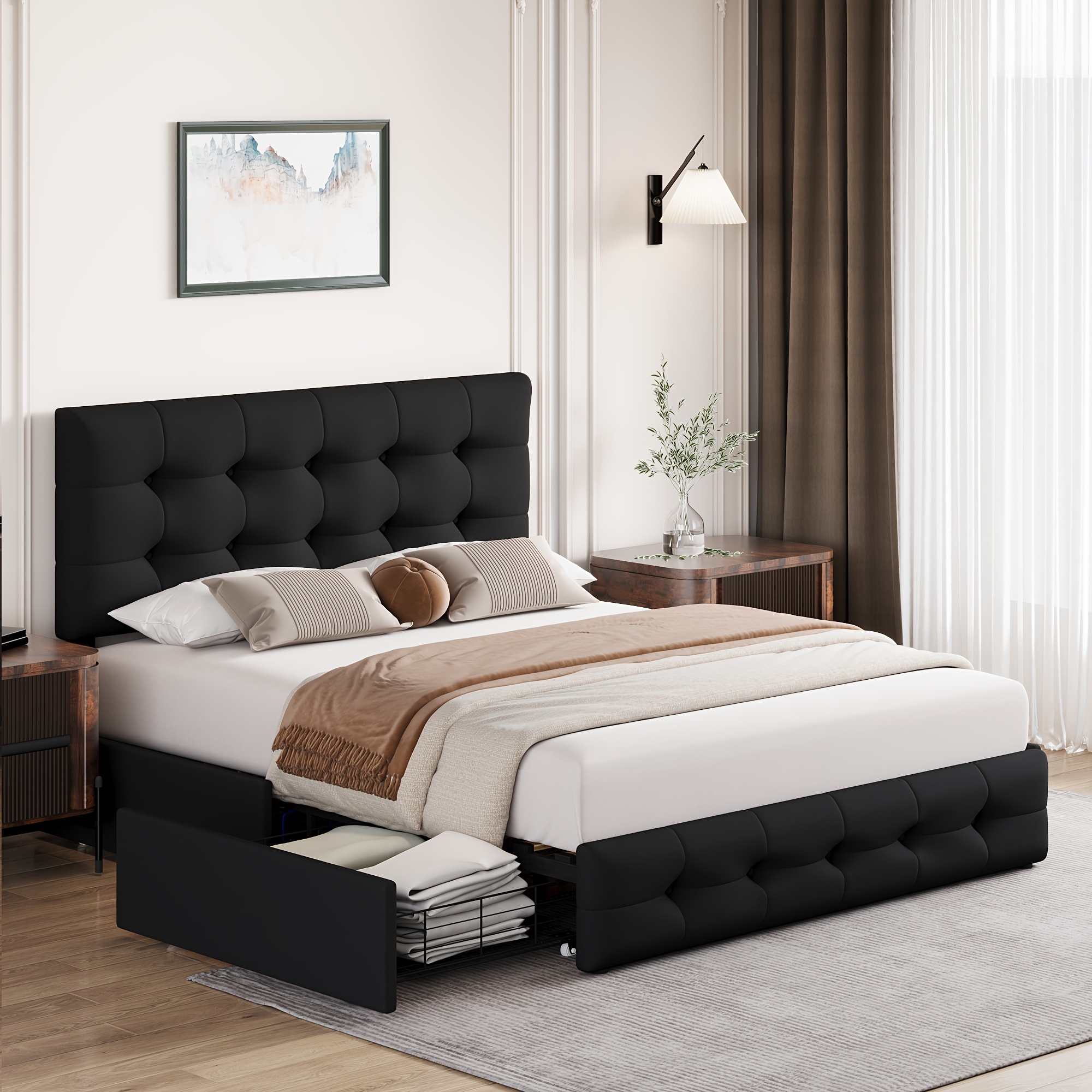 

Fultru Bed Frame With 4 Storage Drawers And Adjustable Headboard, Upholstered Platform Bed With Button Tufted Design, Strong Wooden Slats Support