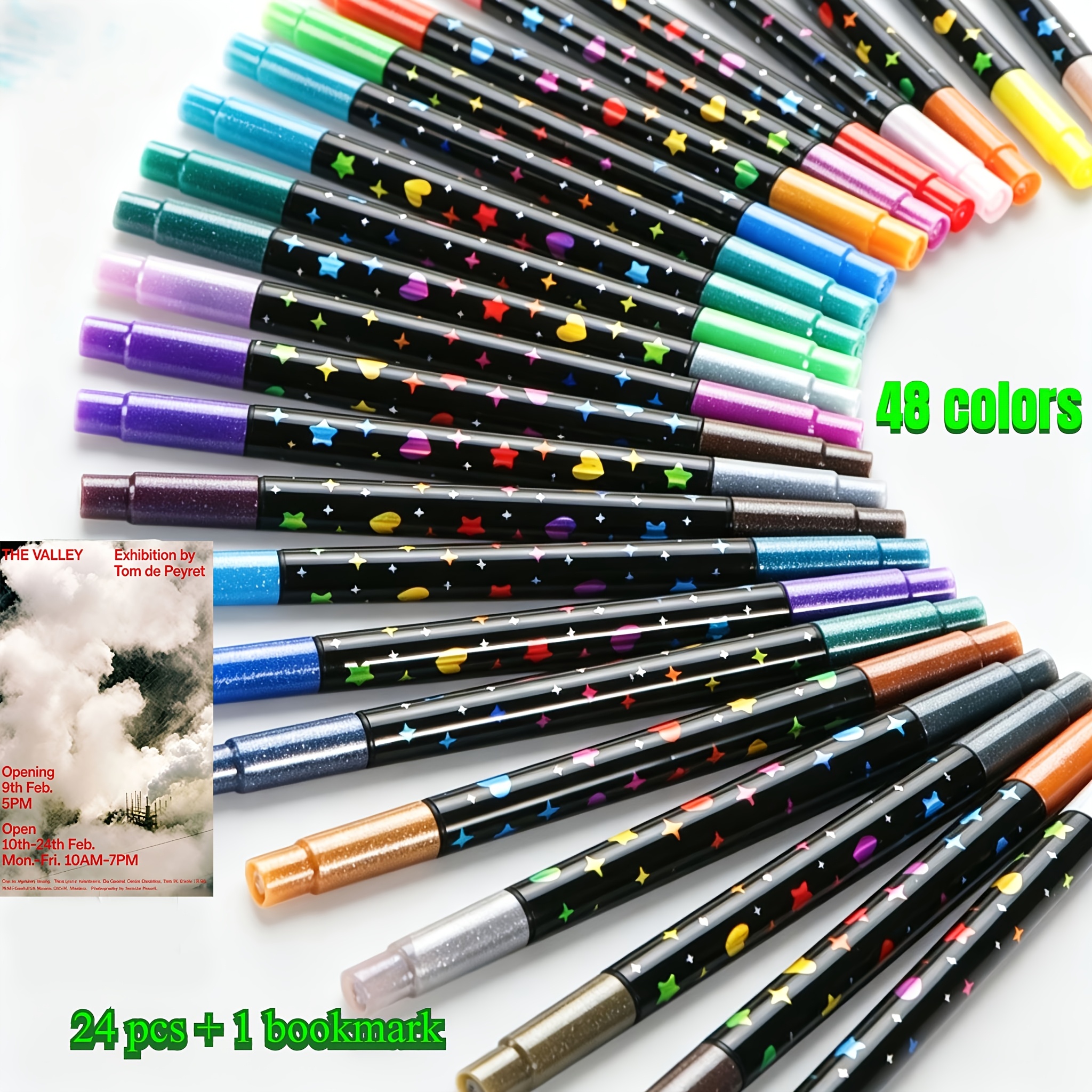 Image of 48- Dual-head Highlighter Pen Set (24pcs Pens And 1pc Bookmark) For Professional Art Use, Quick-drying Fine Tip Glow Marker, Vibrant Colors, Suitable For School Students, Holiday Gift
