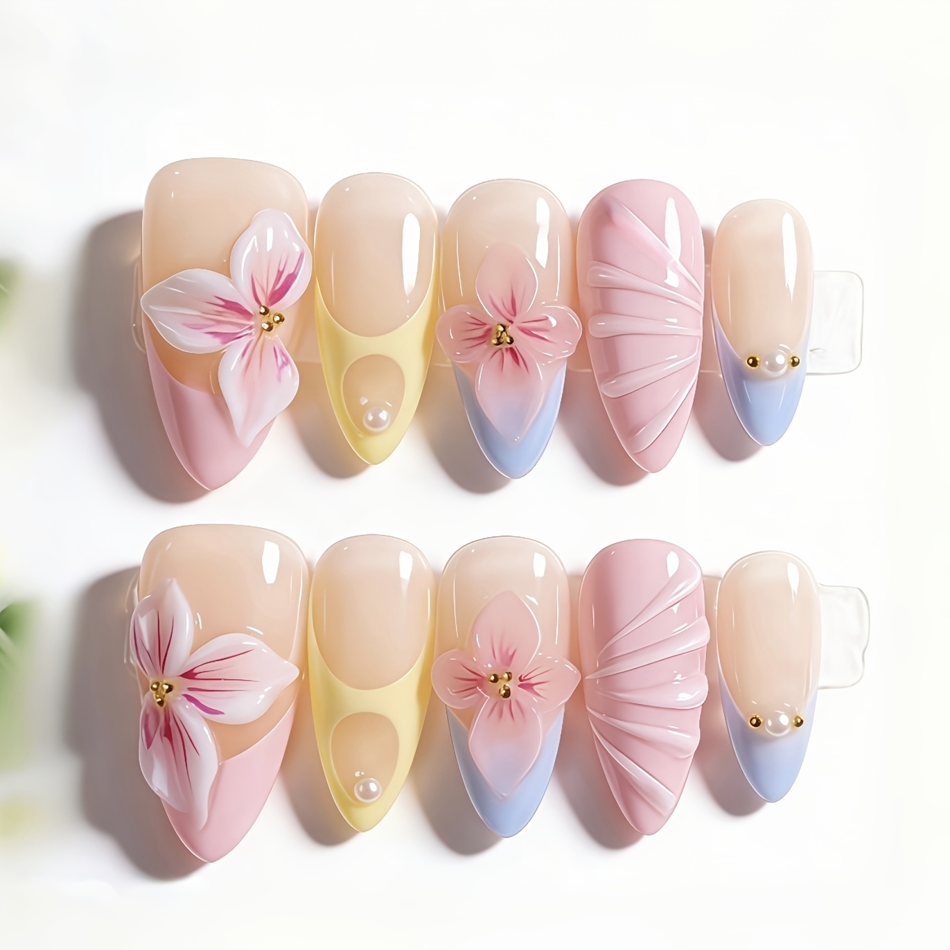 TEMU 10pcs Autumn And Winter Press On Nails, Almond Nude Base With 3d Flowers, Colorful Tips, Pearl & Golden Bead Accents, Glossy Reusable Fake Nails
