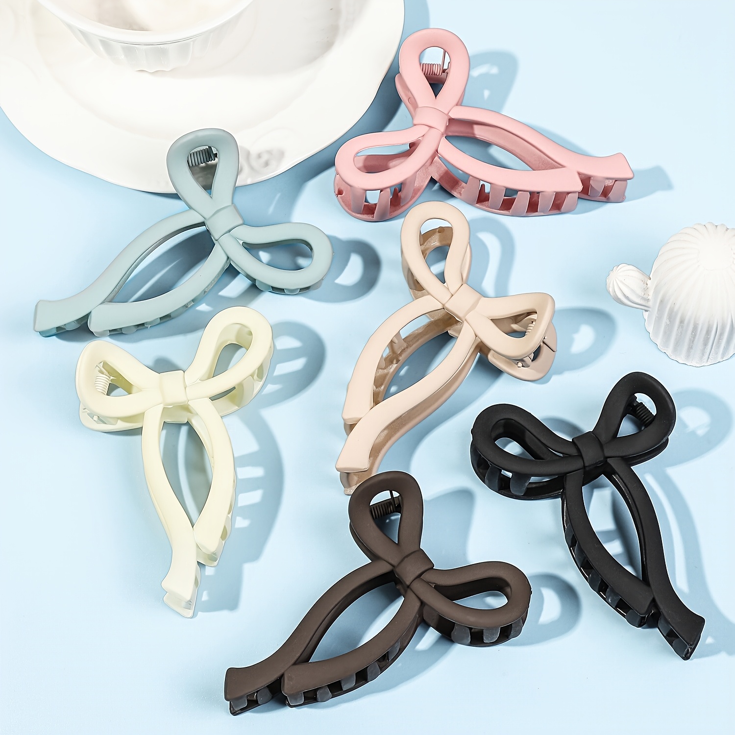 

6pcs Set Large Hair Claw Clips With Bowknot And Ribbon, Matte , Cute And , Hair Clips, Disc Hair Clips