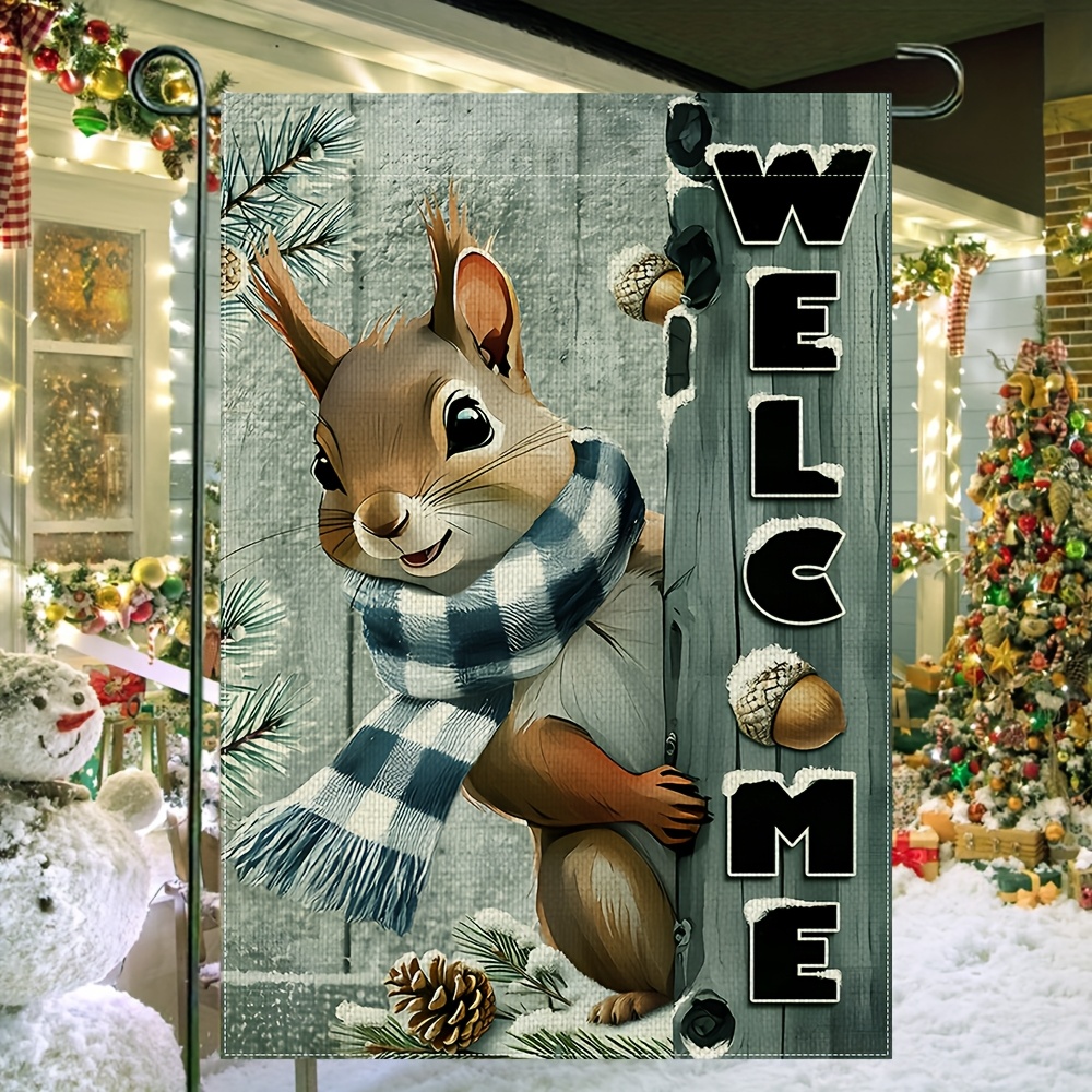 

2d Door Banner , 1pc, Country Style Nut Squirrel Flag, Winter Christmas Outdoor Banner, Home And Garden Holiday Decoration, Excluding Flagpole, Gifts For Valentine's Day, St. Day, And Easter