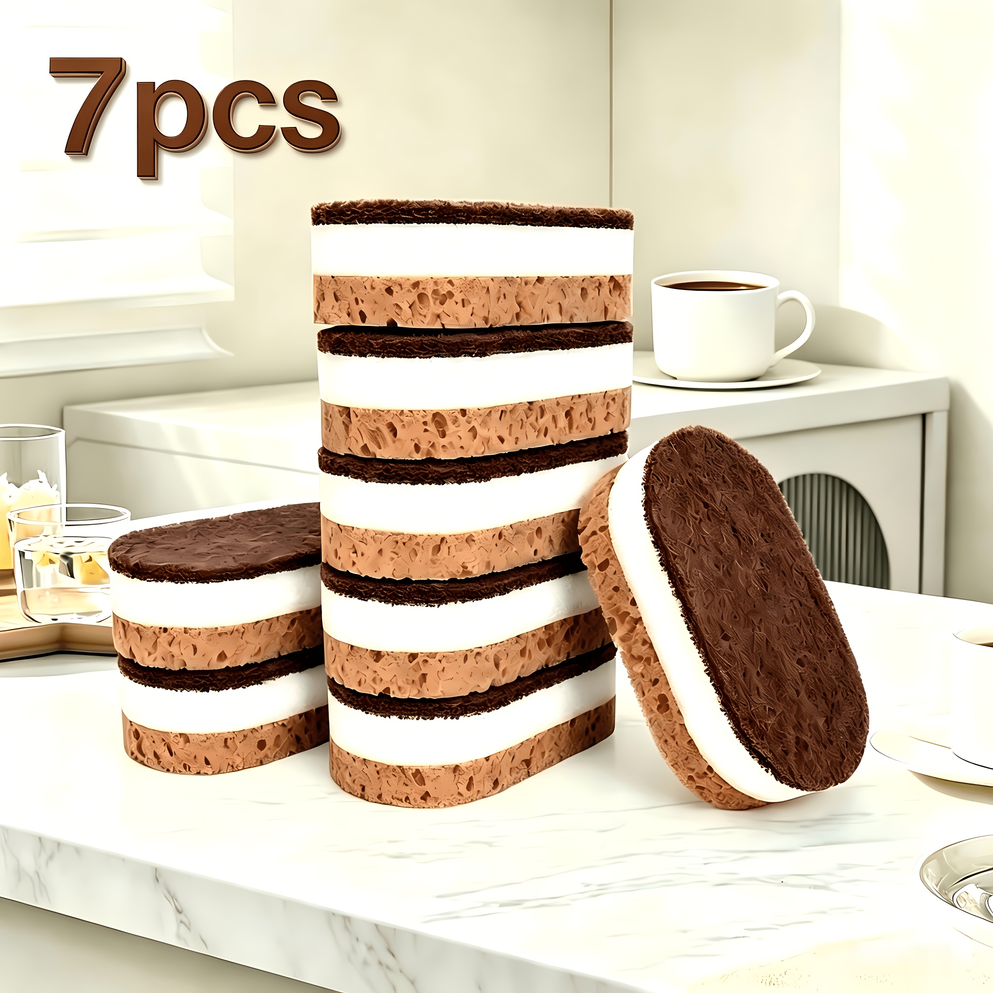 TEMU 7pcs Brown Oval Three-layer Double-sided Cleaning Sponges, Scouring Pads, Dishcloths. Suitable For Kitchen Cookware, Stovetops, Sinks, Dishes,