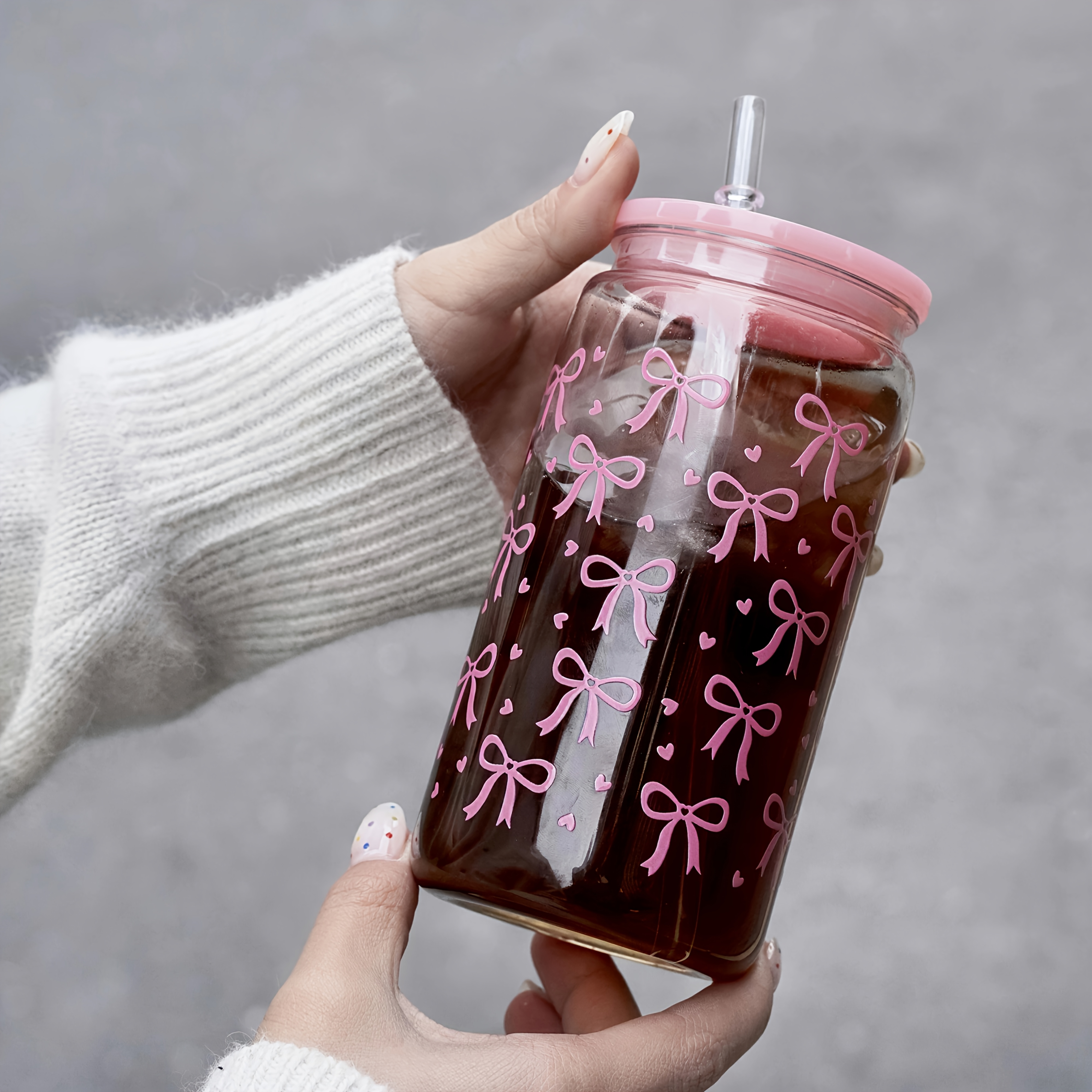 Image of 1 Pack 470ml Pink Plastic Cup With Bamboo Lid And Straw, Multiple Bow Print Designs, Cute Aesthetic Iced Coffee Tumbler For Teen Girls Women, For Christmas Birthday Mother's Day