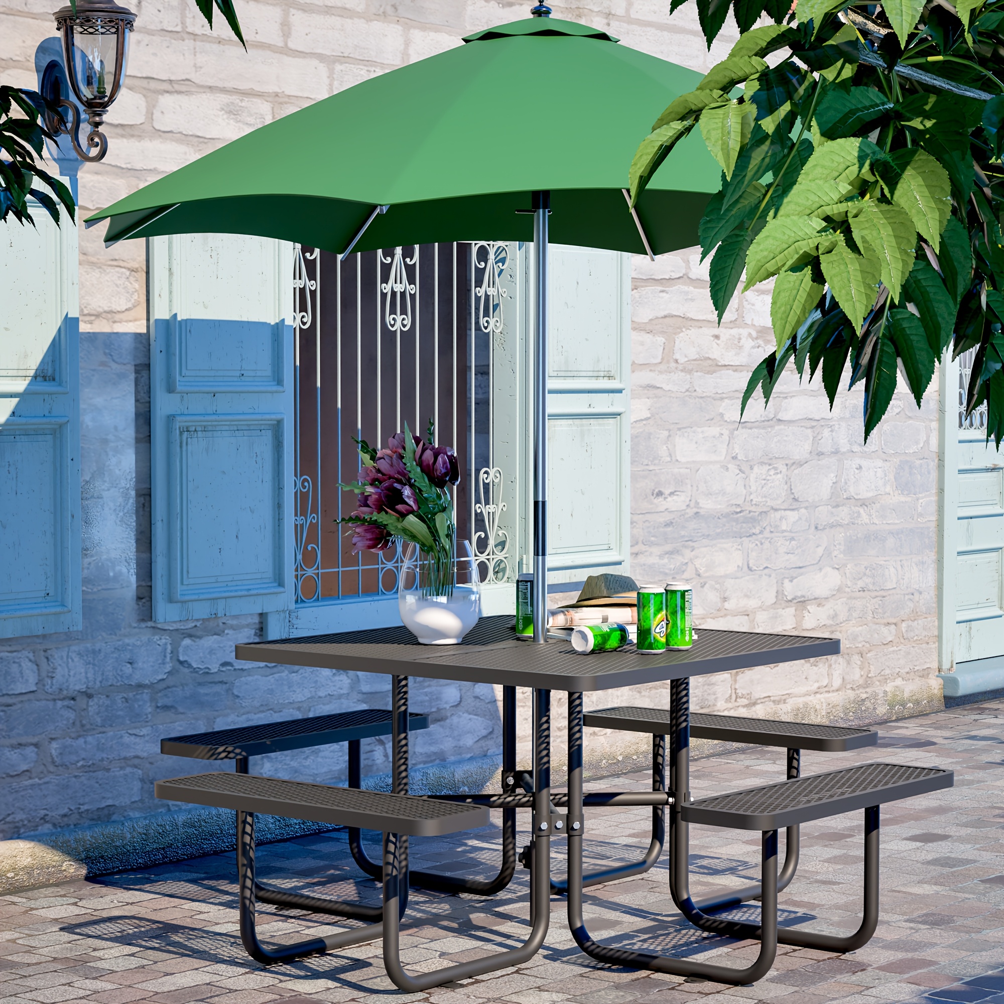 6-Person Outdoor Round Iron Picnic Table with Built-in Bench and Umbrella Hole, Suitable for Gardens, Courtyards, Patios, Lawns, Etc.