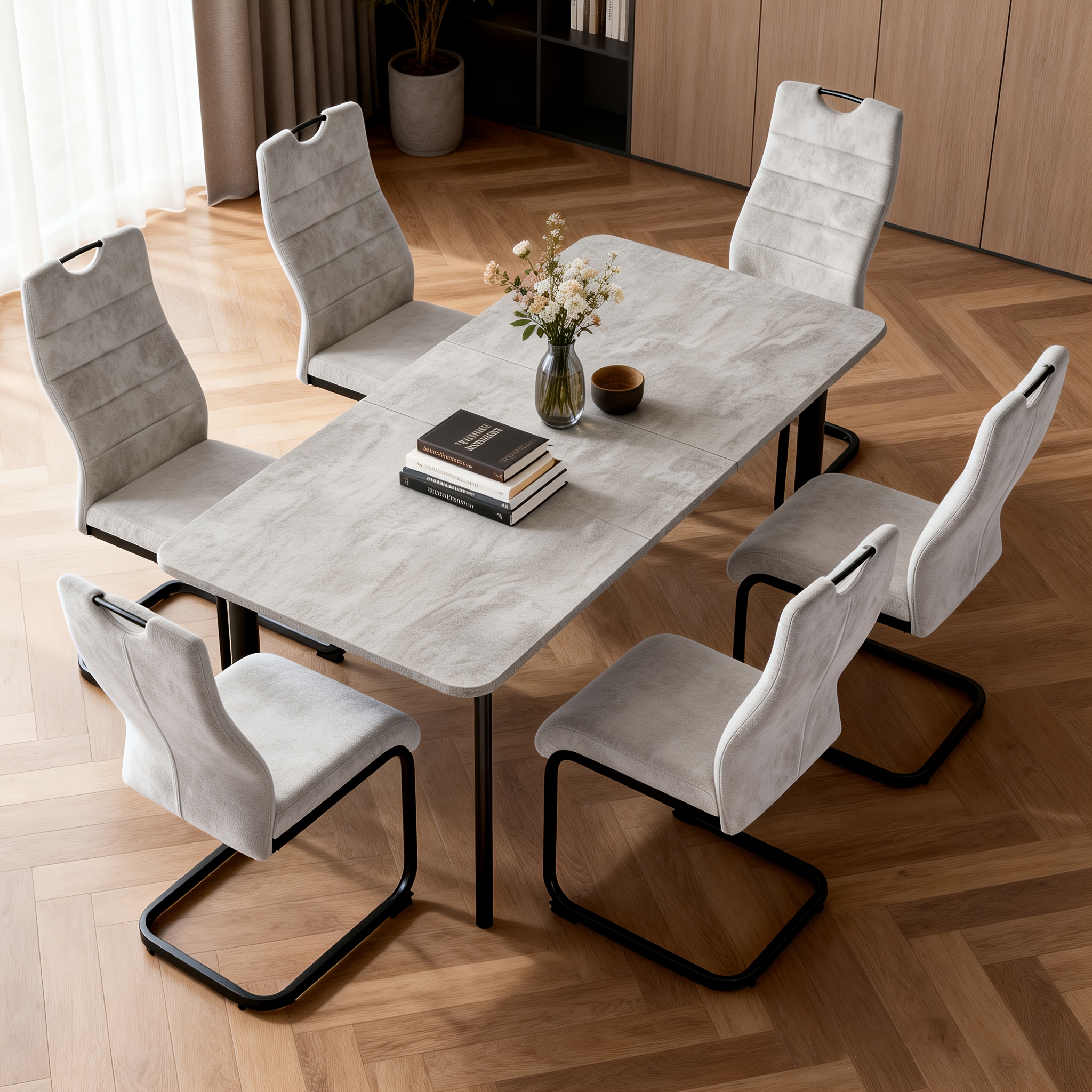 Image of Expandable Table And Chair Set (6 Chairs), 160-200cm Extendable Table, High Back Chairs, Mdf Tabletop With Metal Legs, Suitable For Dining Room, Living Room, And Kitchen, 2 Color Options
