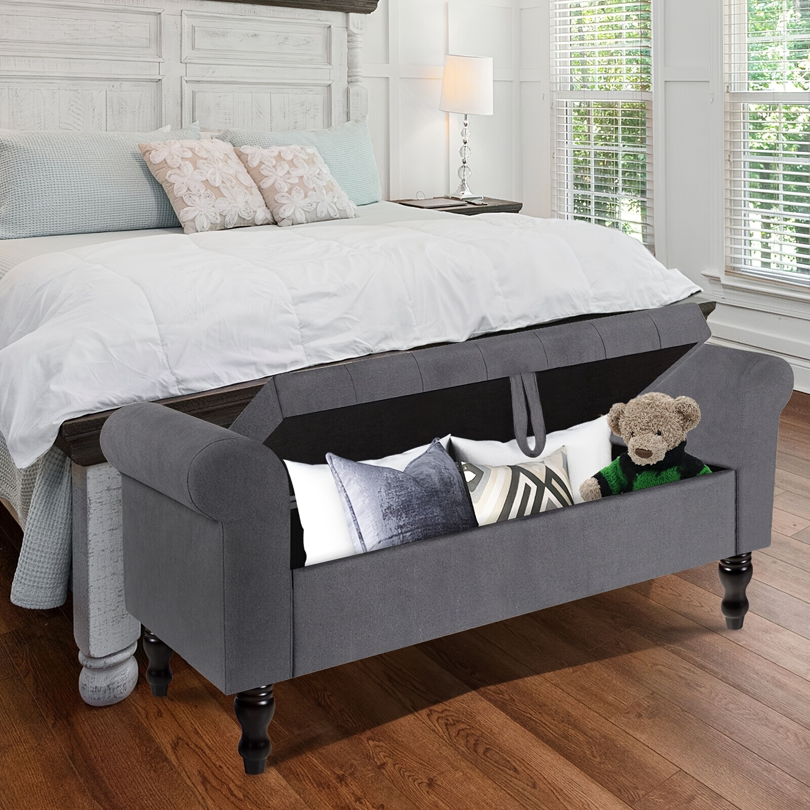 Storage Bench With Upholstered Rolled Arm Ottoman Bench Couch W/Solid Wood  Legs For Bedroom End Of Bed, Entryway And Living Room (Gray)