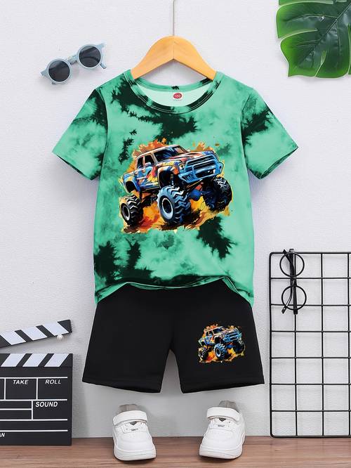 boys off road car print tie dye short sleeve t shirt and elastic waist shorts set 2pcs summer outdoor outfit outdoor