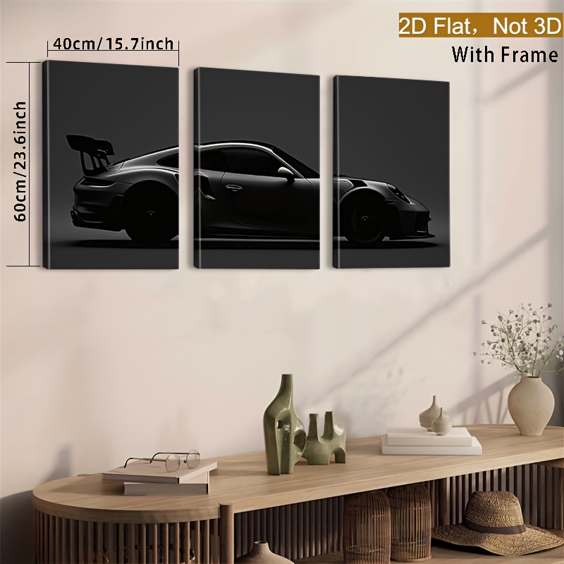 2D plat, set de 3 tablouri pe pânză înrămate cu mașini sportive negre monocrome întunecate triptic, decor vertical de înaltă calitate pentru living, birou sau bar, cadou modern auto pentru zile de naștere, sărbători și petreceri, decorațiune auto