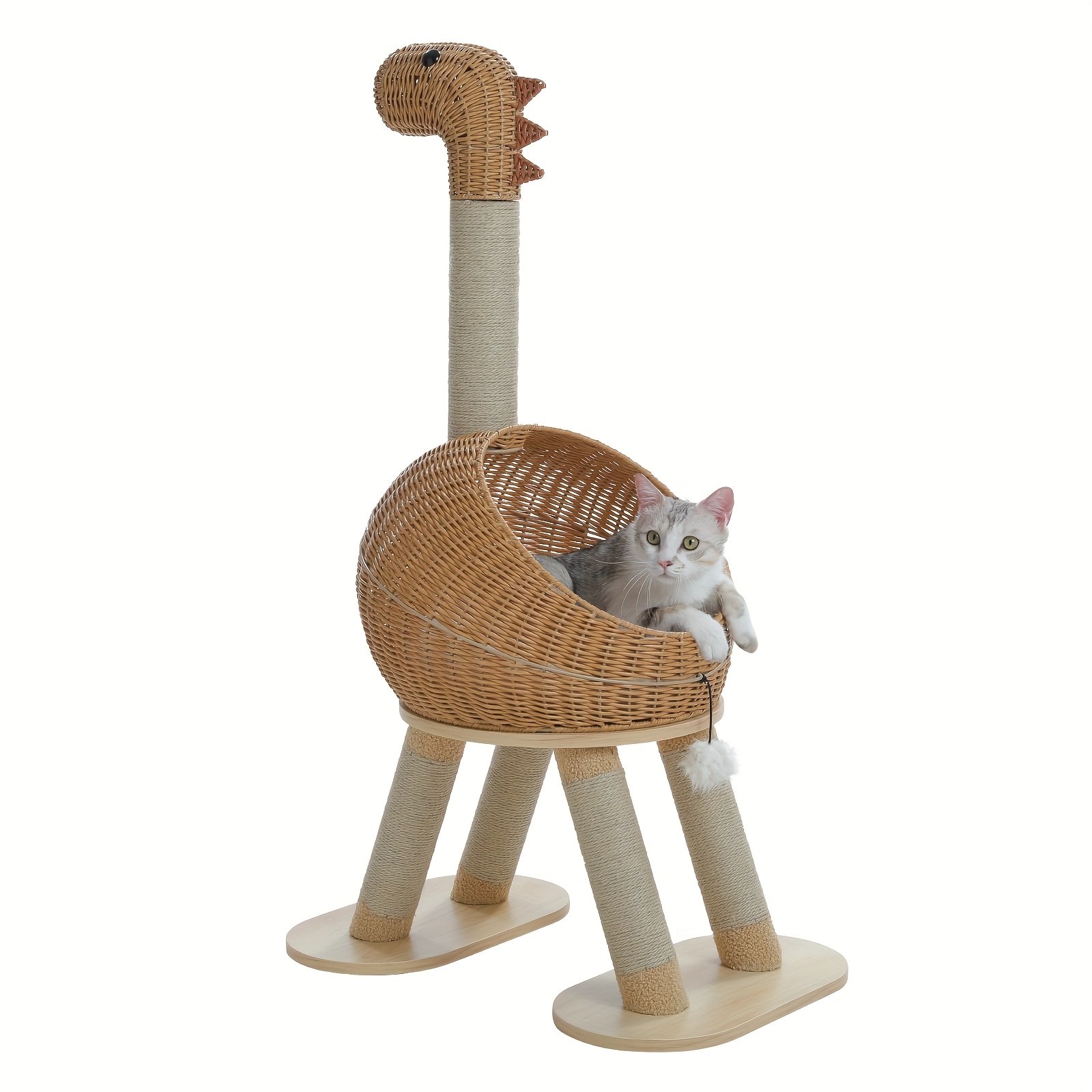 E-shop Road 116 cm Dinosaurier-Katzenbaum mit Kratzpfosten, Großes Rattan-Katzenhaus mit 18" Durchmesser, Geflochtenes Katzenbett mit abnehmbarer Matte