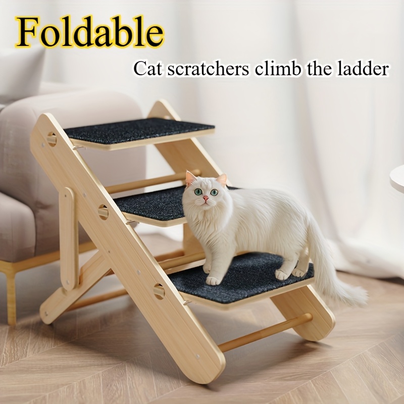 TEMU Foldable Adjustable Pet Ladder Ramp For - Anti-slip Recycled Wood Design, Space-saving Durable Non-shedding Pet Stairs With Soft Padded Steps, For Medium/large/small Breeds, Elderly Pets