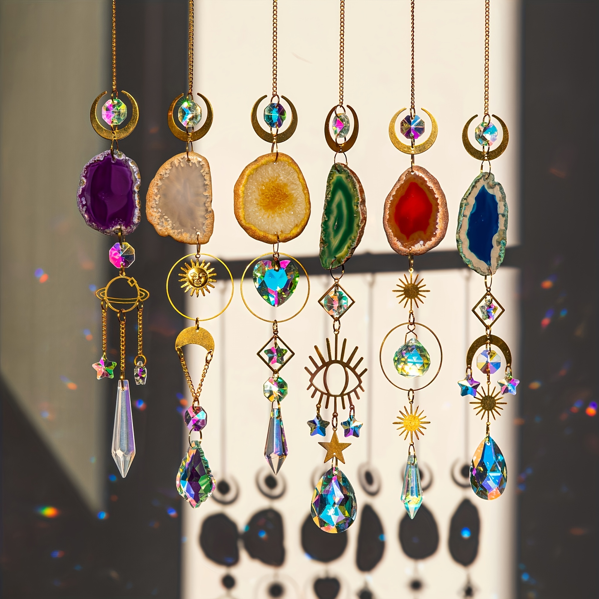 6 Pcs Exquisite Crystal Suncatcher - Indoor Window Hanging Decor with Prisms,Agate Slices,and Colorful Refractions for Home,Garden,and Wedding Decor_voghion.com