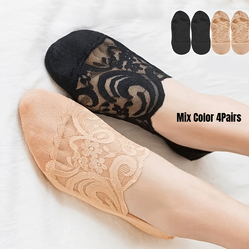 TEMU 4 Pairs Women's Summer Ultra-thin Lace Liner Socks Comfortable Breathable Silicone Anti-slip Shallow Mouth Invisible Socks High-quality Short