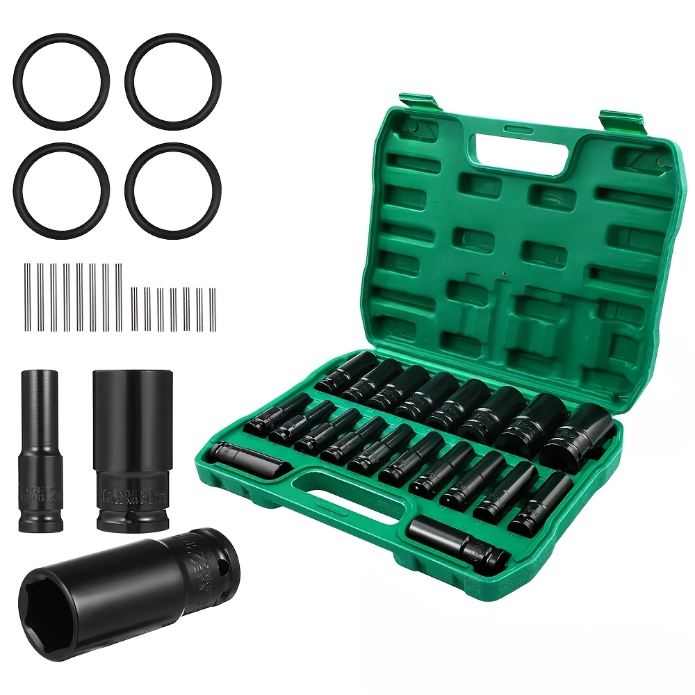 TEMU 20pcs Heavy Duty 1/2-inch Drive Deep Impact Socket Set - Chrome Vanadium Steel (50bv30) Metric Sae Compatible (8mm-32mm) With 6-point Socket