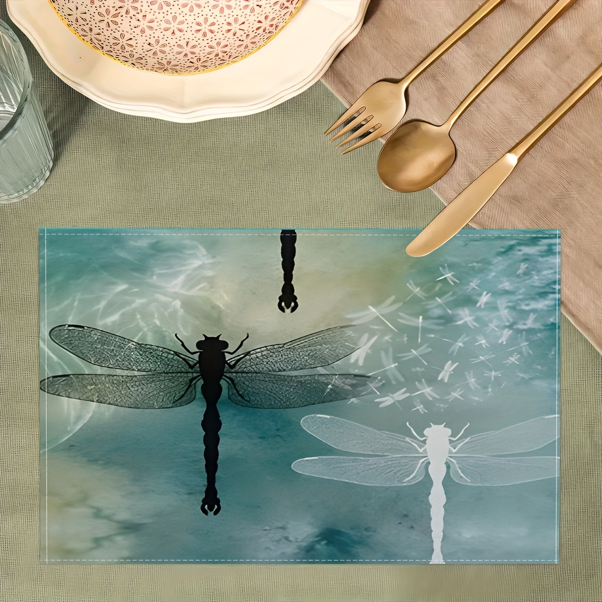 

6 Placemats, Dragonfly Silhouette Pattern Tableware Mats, Kitchen Dining Family Gathering, Party, Wedding Table Decoration Accessories, 12.6 X 16.5 Inches.