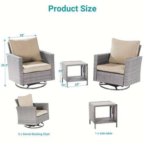 3 piece patio chair set grey rattan swivel rocking chair set coffee table suiting backyard poolside