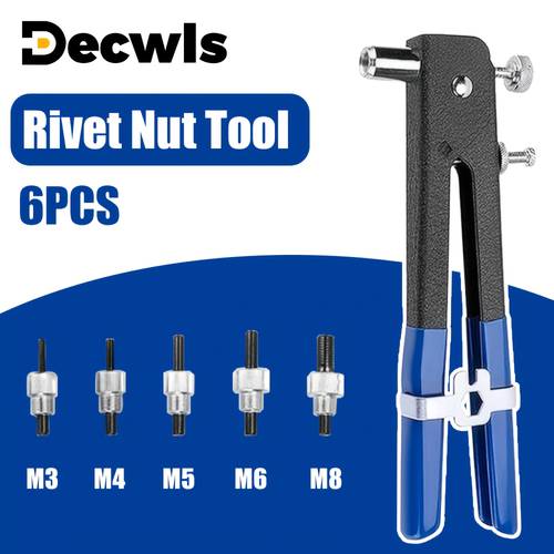 Professional Rivet Nut Tool Kit, Riveter Tool, Rivet Nut Gun Set with M3/M4/M5/M6/M8 Mandrel, Universal Threaded Insert Hand Riveter Gun for Sheet Metal, Automotive & Duct Work.