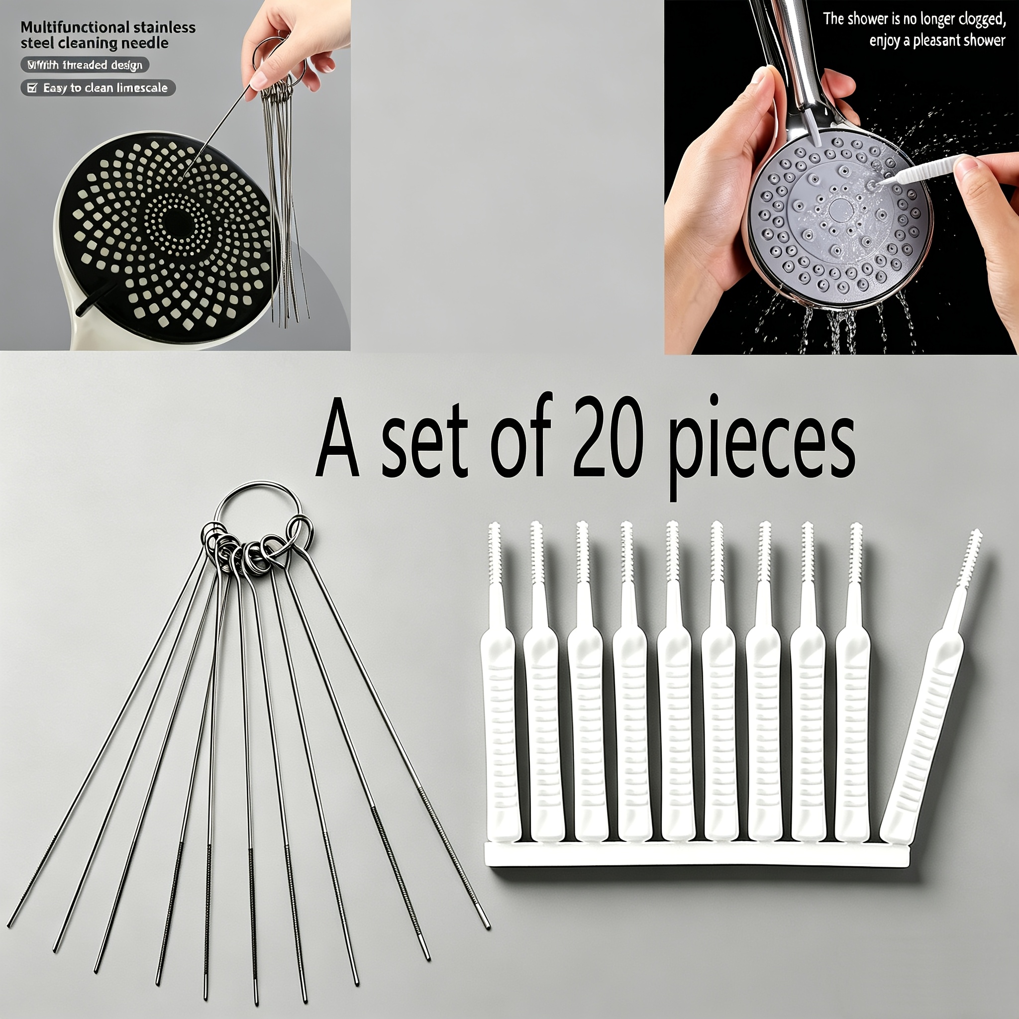 (1 Set Of 20pcss) 20pcs Stainless Steel Shower Cleaning Brush Set, Including Sizes Of Brush Heads, Used To Clean Shower Heads, Small Holes And Bathroom Additions