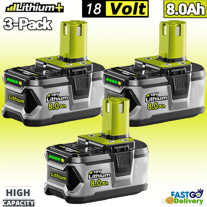 TEMU 3 Pack 8.0ah 18v P108 Rbl1810 Battery Replacement For Ryobi 18v Battery, 18 Volt Lithium Batteries Compatible With P108 P104 P105 P107 P109 P122