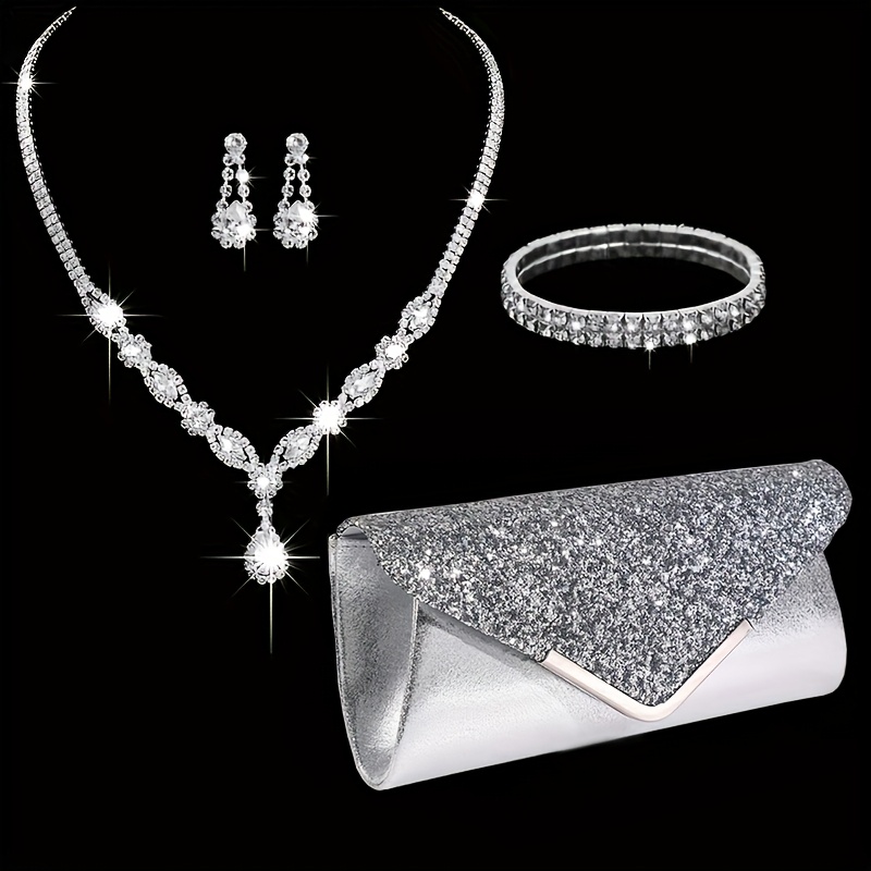 

Women' Sequin Decor Handbag Chain Single Shoulder Bag Evening Dress Bag Chain Bag Luxury Claw Chain Decorative Necklace Earrings Set Jewelry Bag 3pcs Set