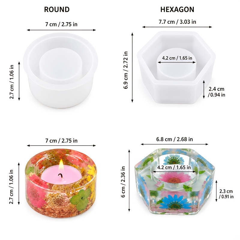 TEMU 2pcs Tealight Candle Holder Silicone Resin Mold, Round And Hexagonal Candle Holder Mold For Creative Candlesticks And Epoxy Resin Drop Molds For