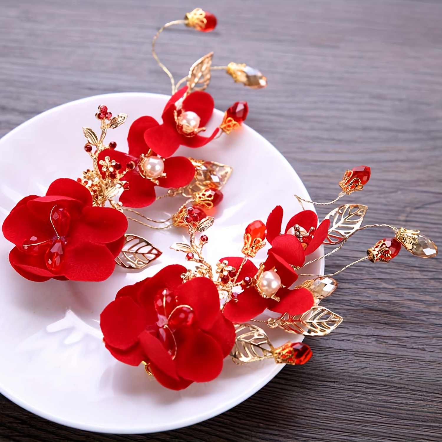 

1 Pair Red Flower Faux Pearl Sparkling Rhinestone Hair Clips, Vintage Chinese Bridal Wedding Hair Accessories Clips For Wedding Party