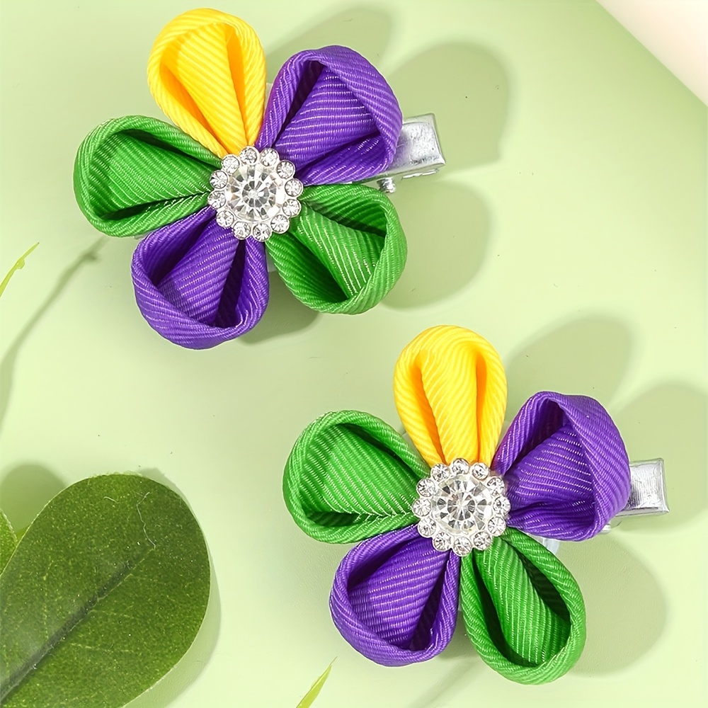 

2pcs Cute Mardi Gras Hair Clips For Girls, Mini Flower Decor Alligator Barrettes, Polyester Non-woven Fabric Hair Accessories, 1.88 Inch Length - Carnival Day