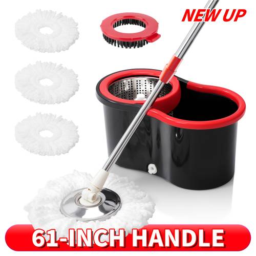 spin mop and bucket set with wringer 360 rotating mop 3 microfiber mop refill heads and a 61 inch adjustable stainless steel handle ideal for bathroom use floor cleaning home cleaning