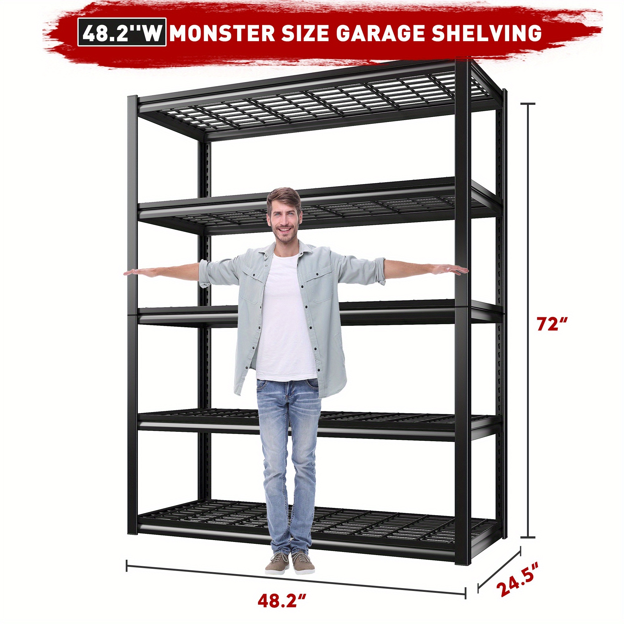TEMU Reibii 3010lbs Heavy Duty 5-tier Industrial Steel Wire Mesh Shelving Unit - 48" Wide Carbon Steel Storage Rack With Reinforced Rolled Mesh