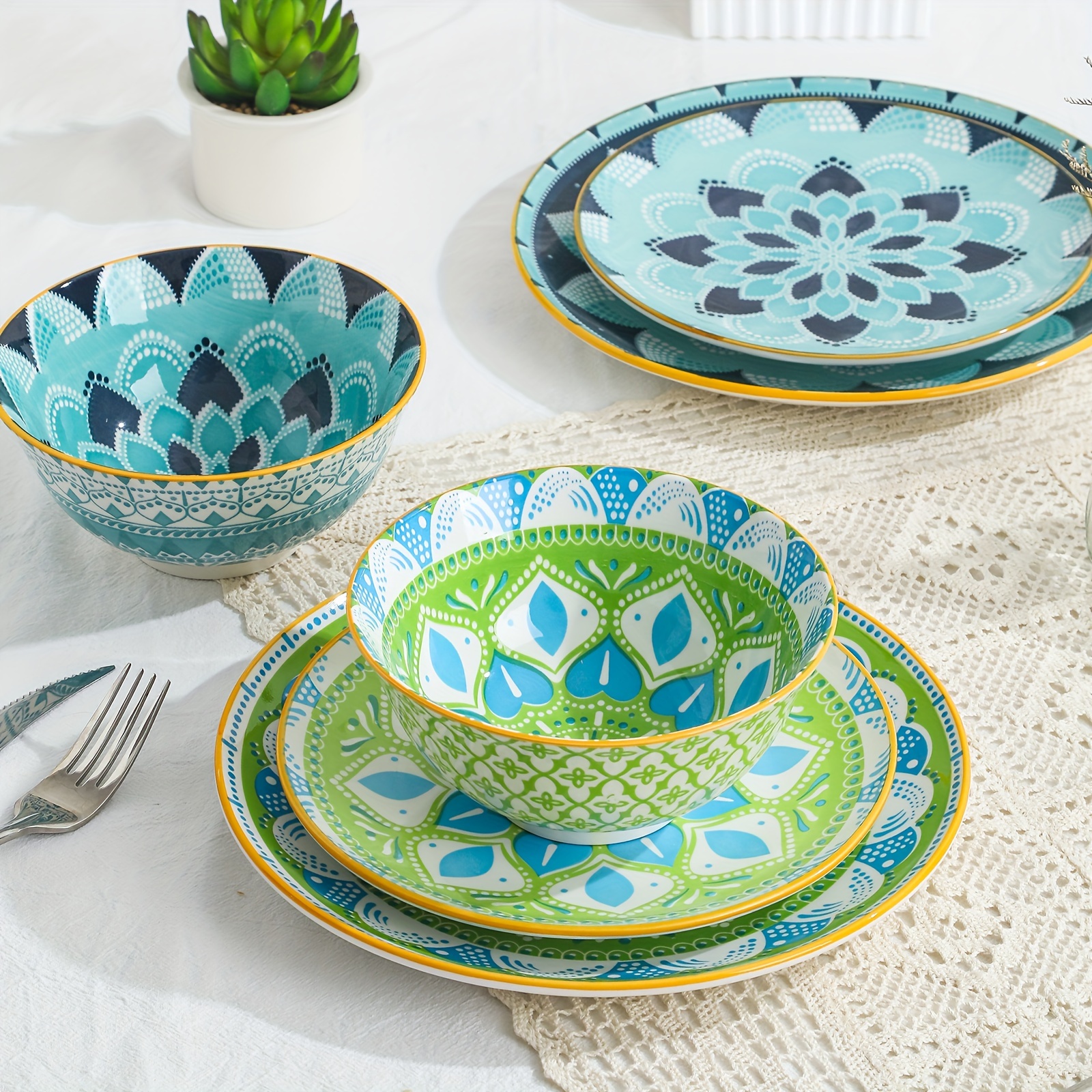 Dinnerware Set Plates Bowls Sets 12pcs Ceramic Dinner Set Modern  Kitchen Dish Set Colorful Decorative Dishware Set Ideal for  Housewarming Gift