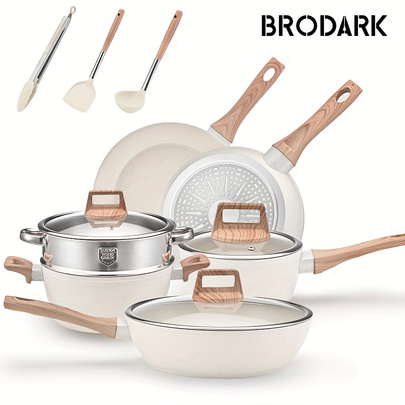 

Brodark 12-piece Kitchen Cookware Set, Cooking Set, Pot And Pan Set Non-stick Pan, Set With Frying Pan, Saucepan, Steamer Silicone Spatula And Tongs (white)