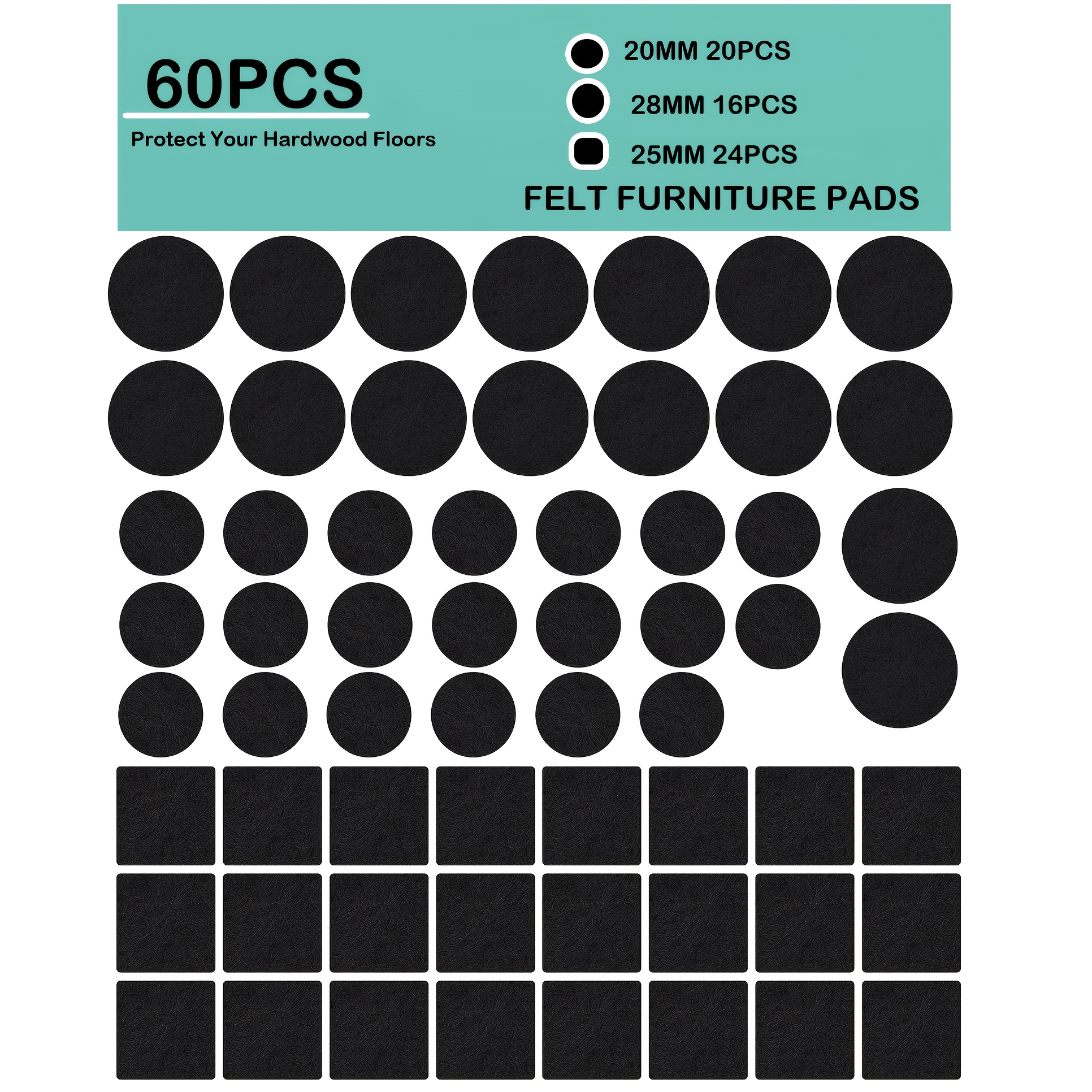 Image of Self-adhesive Felt Pads - Pack Of 60, Chair Felt Pads - Furniture Felt Pads, Self-adhesive Black, 3mm Thick