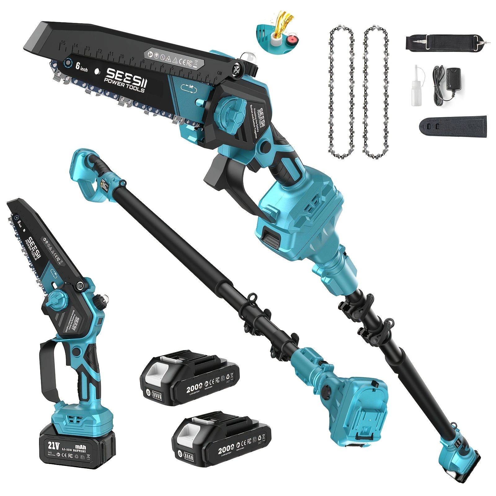 TEMU Seesii 2-in-1 Pole Saw & Cordless Chainsaw, 6-inch Brushless Chain Saw With 2pcs Battery, 16-foot Tree Saw With Extension Pole For Wood