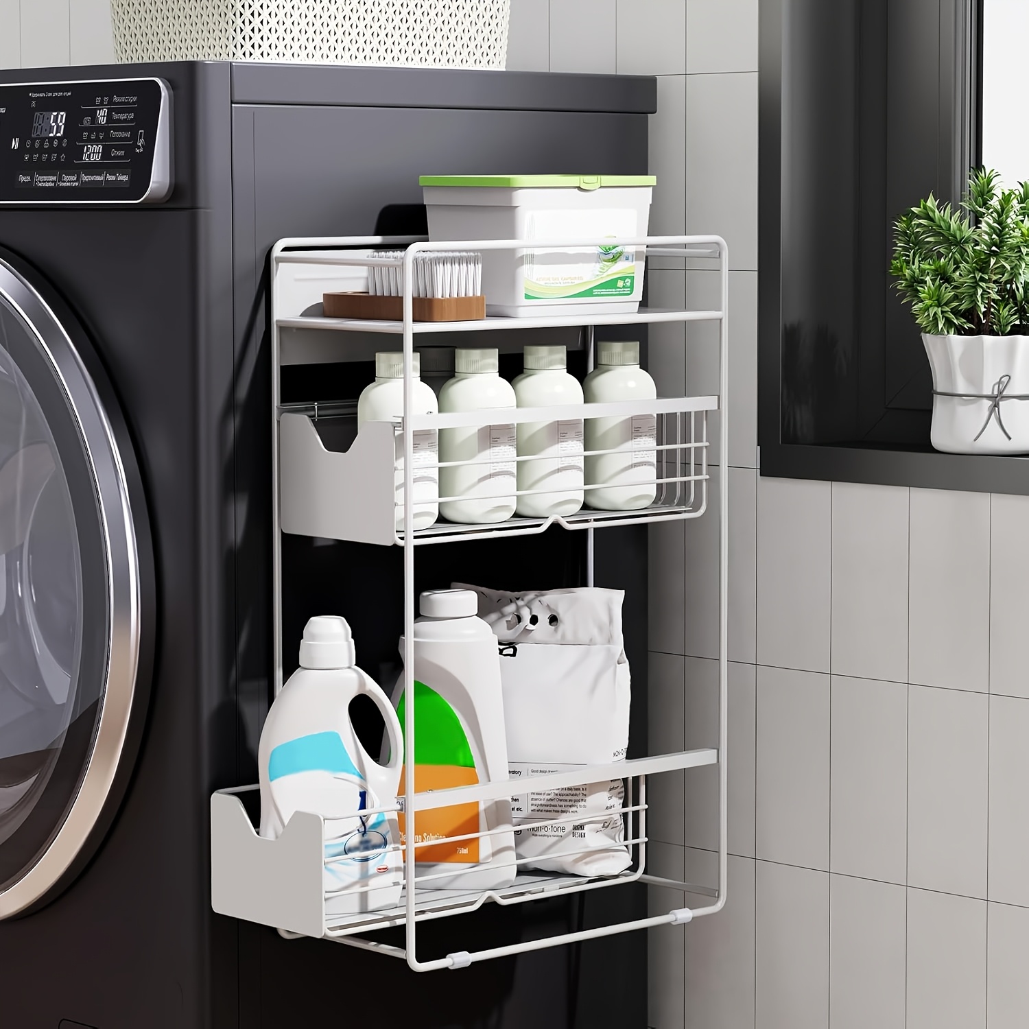 Image of 3 Tier Magnetic Shelves For Washing Machine With Pull Out Metal Drawer, Magnetic Spice Rack For Fridge, Magnetic Rack With No Installation, Versatile Storage Organizers For Home (white)